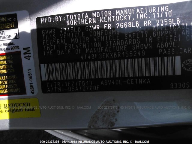 4T4BF3EKXBR155249 - 2011 TOYOTA CAMRY SE/LE/XLE 白色 照片 9