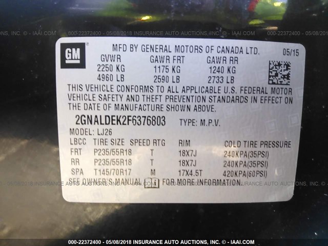 2GNALDEK2F6376803 - 2015 CHEVROLET EQUINOX LTZ BLACK photo 9