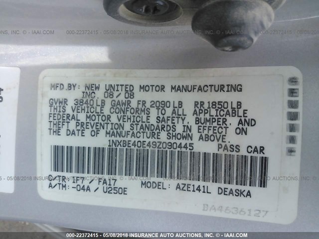 1NXBE40E49Z090445 - 2009 TOYOTA COROLLA XRS SILVER photo 9