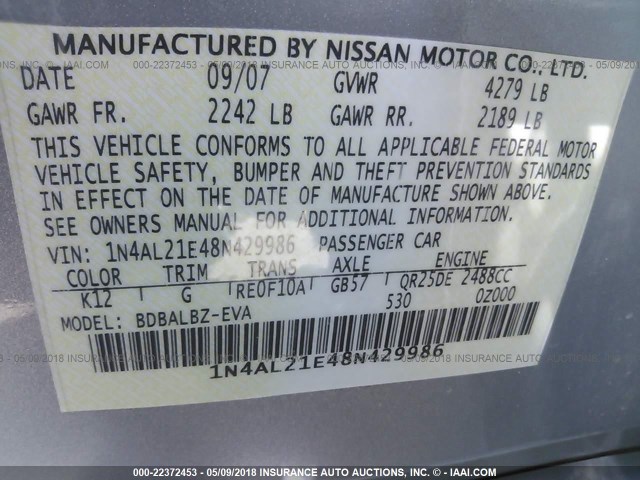 1N4AL21E48N429986 - 2008 NISSAN ALTIMA 2.5/2.5S SILVER photo 9