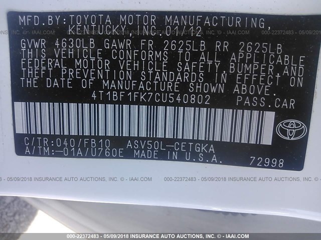 4T1BF1FK7CU540802 - 2012 TOYOTA CAMRY SE/LE/XLE 白色 照片 9