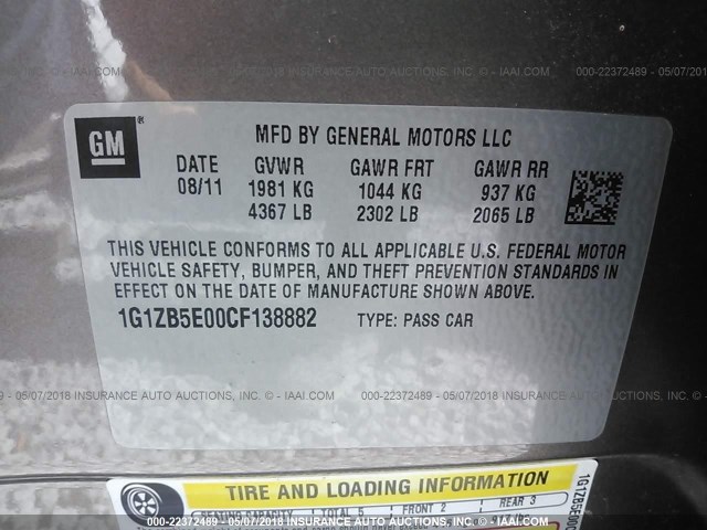 1G1ZB5E00CF138882 - 2012 CHEVROLET MALIBU LS 棕色 照片 9