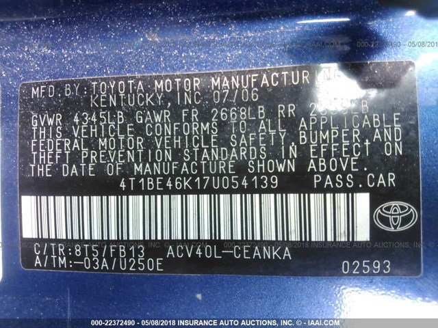 4T1BE46K17U054139 - 2007 TOYOTA CAMRY NEW GENERAT CE/LE/XLE/SE BLUE photo 9