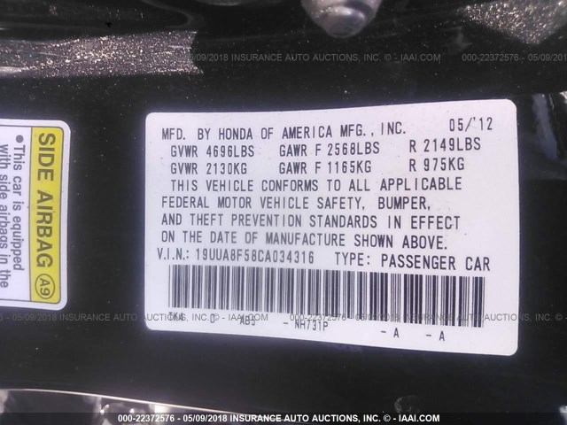 19UUA8F58CA034316 - 2012 ACURA TL BLACK photo 9