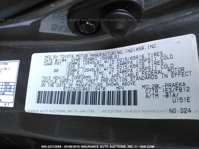 5TDZA23C04S116470 - 2004 TOYOTA SIENNA CE/LE GRAY photo 9