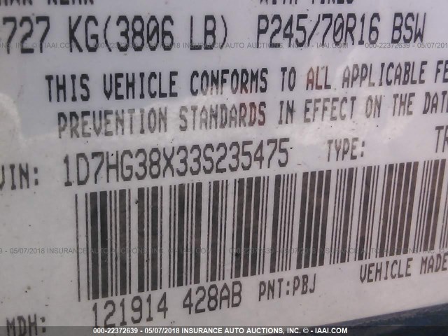 1D7HG38X33S235475 - 2003 DODGE DAKOTA QUAD SPORT BLUE photo 9