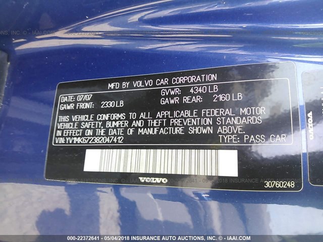 YV1MK672382047412 - 2008 VOLVO C30 T5 BLUE photo 9