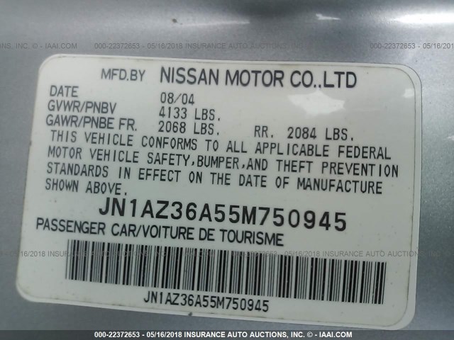 JN1AZ36A55M750945 - 2005 NISSAN 350Z ROADSTER SILVER photo 9