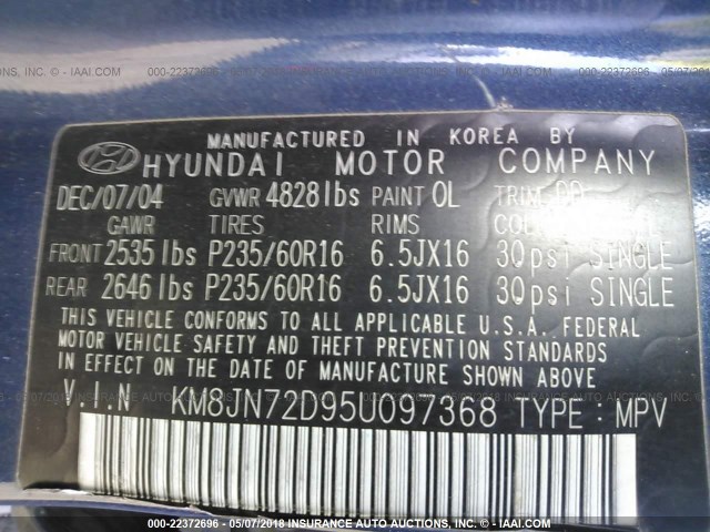 KM8JN72D95U097368 - 2005 HYUNDAI TUCSON GLS/LX BLUE photo 9