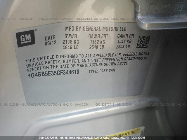 1G4GB5E35CF344610 - 2012 BUICK LACROSSE CONVENIENCE GOLD photo 9