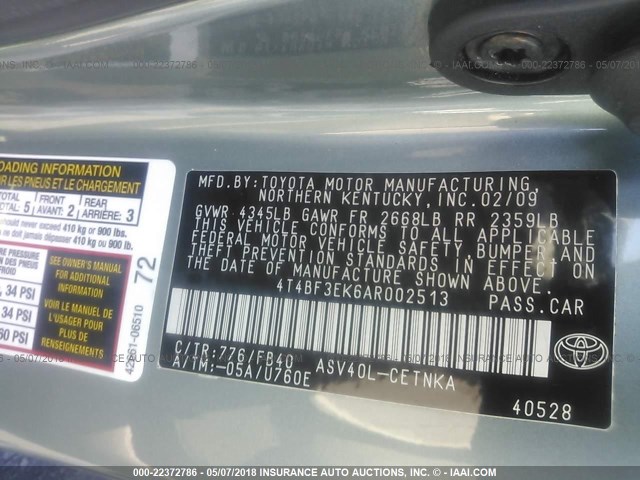 4T4BF3EK6AR002513 - 2010 TOYOTA CAMRY SE/LE/XLE TEAL photo 9