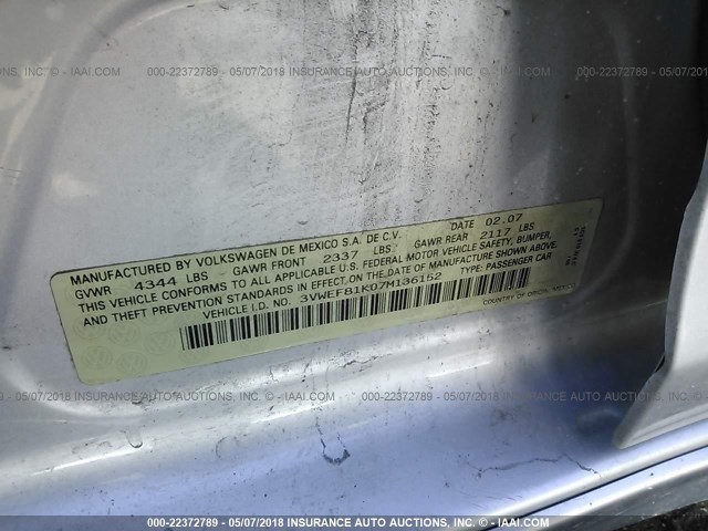 3VWEF81K07M136152 - 2007 VOLKSWAGEN JETTA WOLFSBURG 银色 照片 9