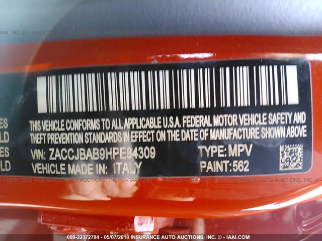 ZACCJBAB9HPE84309 - 2017 JEEP RENEGADE SPORT Նարնջագույն լուսանկար 9