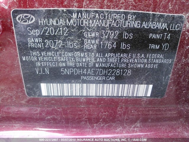 5NPDH4AE7DH228128 - 2013 HYUNDAI ELANTRA GLS/LIMITED RED photo 9