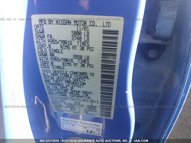 5N1ED28T72C535361 - 2002 NISSAN XTERRA XE/SE BLUE photo 9