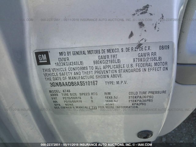 3GNBAADB8AS510167 - 2010 CHEVROLET HHR LS SILVER photo 9