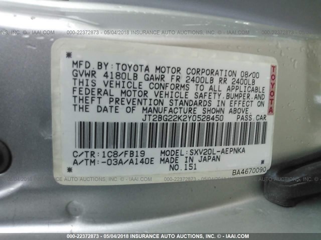 JT2BG22K2Y0528450 - 2000 TOYOTA CAMRY CE/LE/XLE 银色 照片 9
