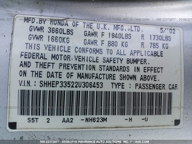 SHHEP33522U306453 - 2002 HONDA CIVIC SI SILVER photo 9