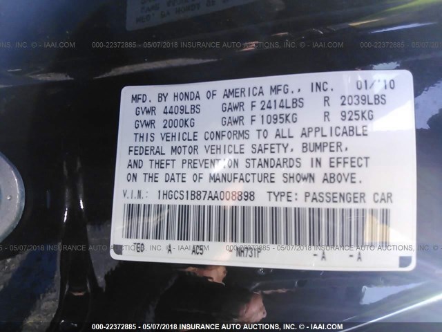 1HGCS1B87AA008898 - 2010 HONDA ACCORD EXL BLACK photo 9