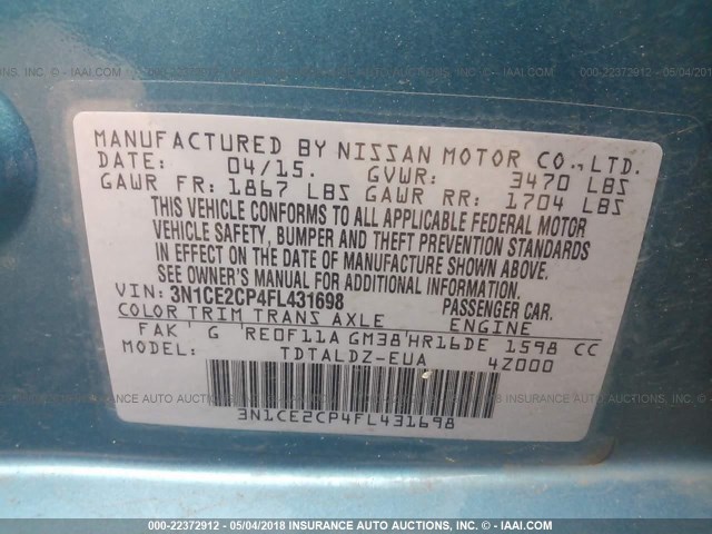 3N1CE2CP4FL431698 - 2015 NISSAN VERSA NOTE S/S PLUS/SV/SL/SR BLUE photo 9