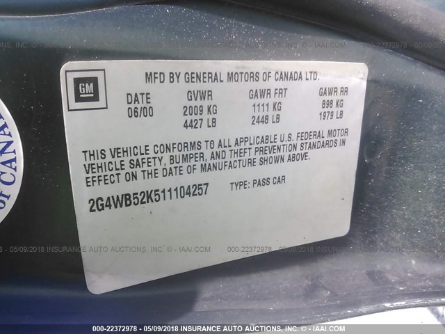 2G4WB52K511104257 - 2001 BUICK REGAL LS 绿色 照片 9