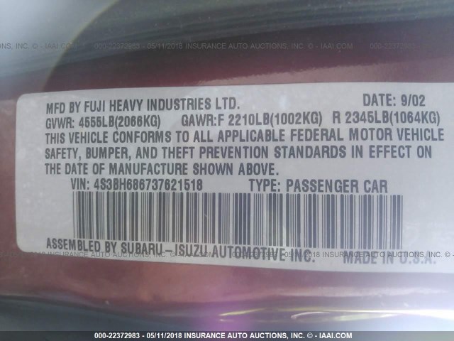 4S3BH686737621518 - 2003 SUBARU LEGACY OUTBACK LIMITED RED photo 9