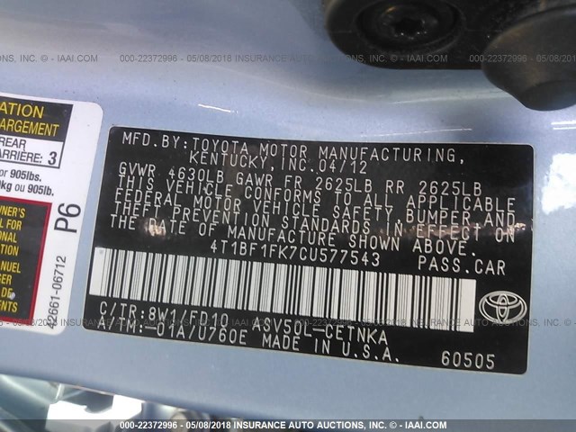 4T1BF1FK7CU577543 - 2012 TOYOTA CAMRY SE/LE/XLE ღია ლურჯი ფოტო 9