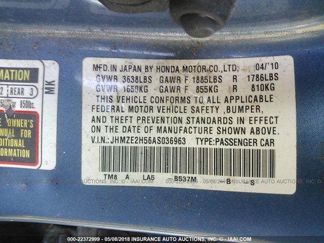 JHMZE2H56AS036963 - 2010 HONDA INSIGHT LX BLUE photo 9