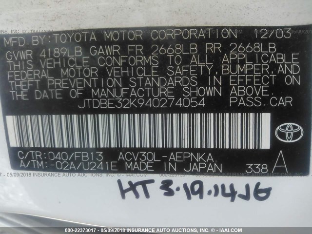 JTDBE32K940274054 - 2004 TOYOTA CAMRY LE/XLE WHITE photo 9