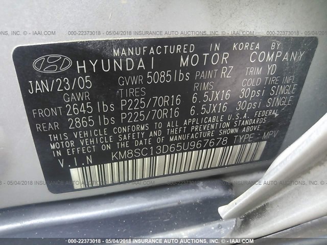 KM8SC13D65U967678 - 2005 HYUNDAI SANTA FE GLS/LX ვერცხლისფერი ფოტო 9