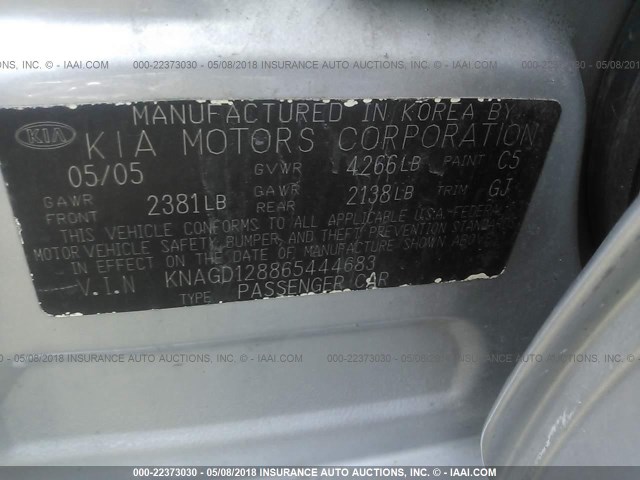 KNAGD128865444683 - 2006 KIA OPTIMA LX/EX SILVER photo 9