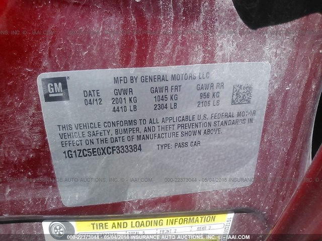 1G1ZC5E0XCF333384 - 2012 CHEVROLET MALIBU 1LT 红色 照片 9