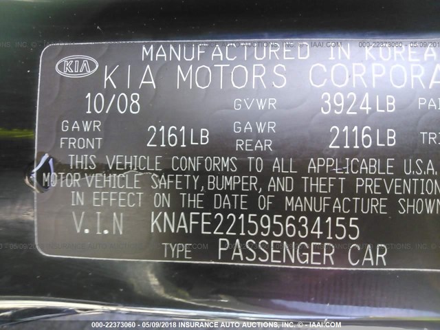 KNAFE221595634155 - 2009 KIA SPECTRA EX/LX/SX BLACK photo 9