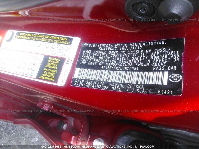 4T1BF1FK7DU670984 - 2013 TOYOTA CAMRY L/SE/LE/XLE 红色 照片 9
