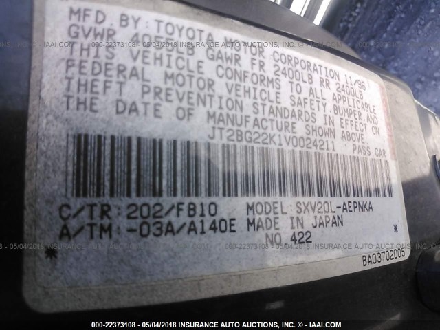 JT2BG22K1V0024211 - 1997 TOYOTA CAMRY LE/XLE BLACK photo 9