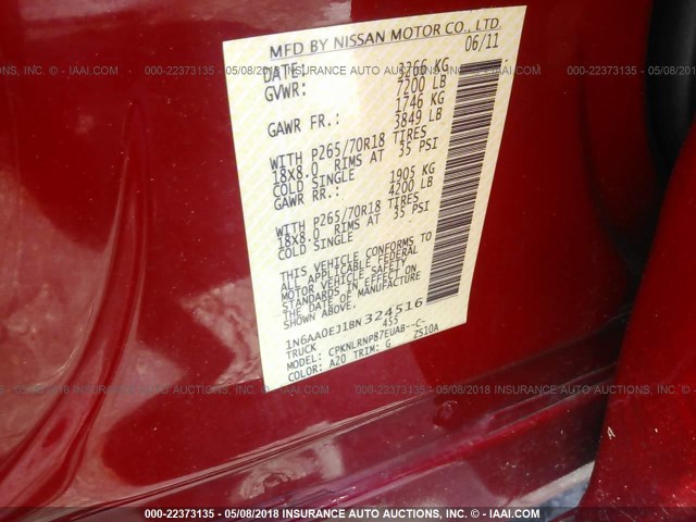 1N6AA0EJ1BN324516 - 2011 NISSAN TITAN S/SV/SL/PRO-4X RED photo 9