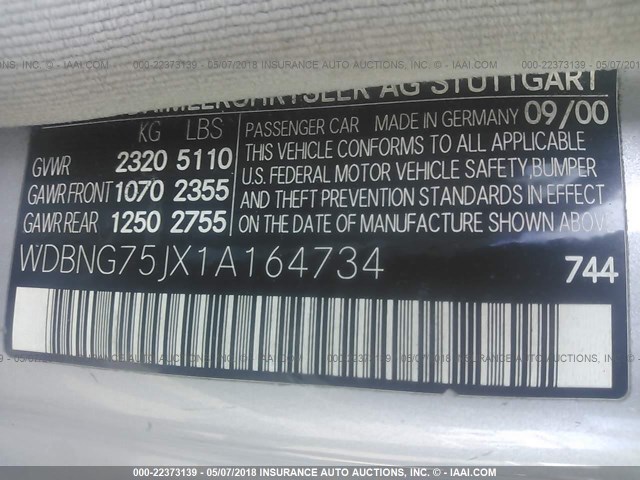 WDBNG75JX1A164734 - 2001 MERCEDES-BENZ S 500 SILVER photo 9