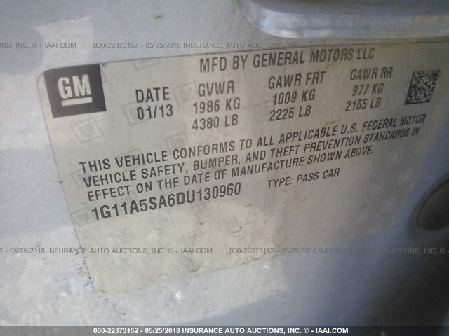 1G11A5SA6DU130960 - 2013 CHEVROLET MALIBU LS Light Blue photo 9