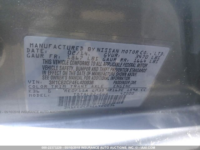 3N1CE2CP4EL420036 - 2014 NISSAN VERSA NOTE S/S PLUS/SV/SL GRAY photo 9