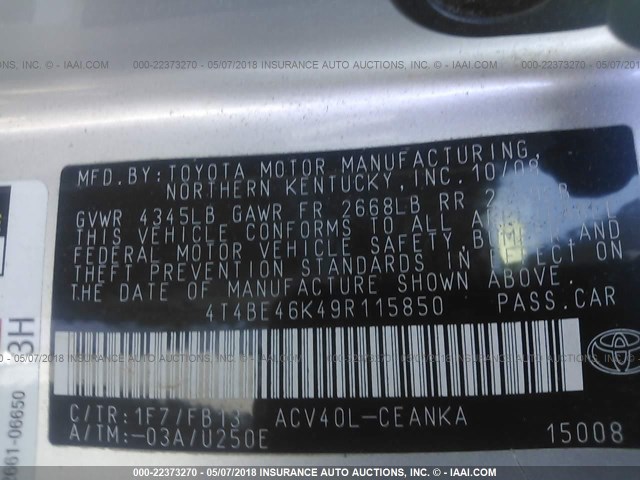 4T4BE46K49R115850 - 2009 TOYOTA CAMRY SE/LE/XLE SILVER photo 9