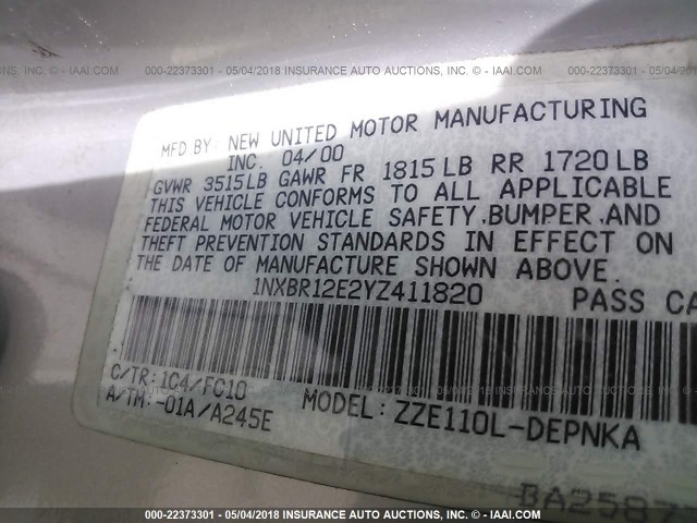 1NXBR12E2YZ411820 - 2000 TOYOTA COROLLA VE/CE/LE 银色 照片 9