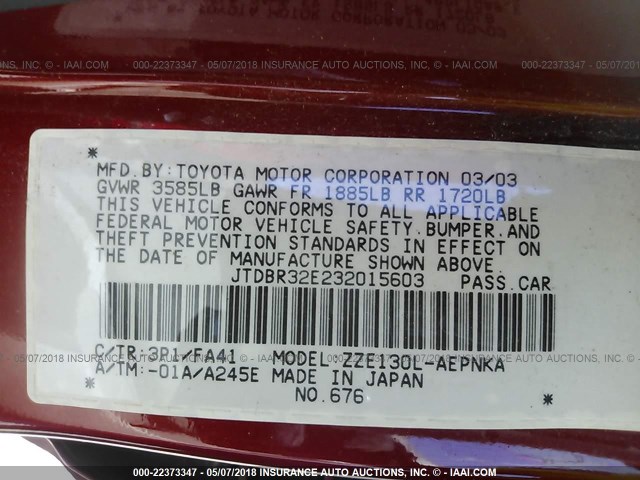 JTDBR32E232015603 - 2003 TOYOTA COROLLA CE/LE RED photo 9