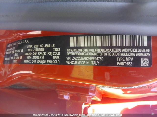 ZACCJBAB2HPF94750 - 2017 JEEP RENEGADE SPORT Նարնջագույն լուսանկար 9