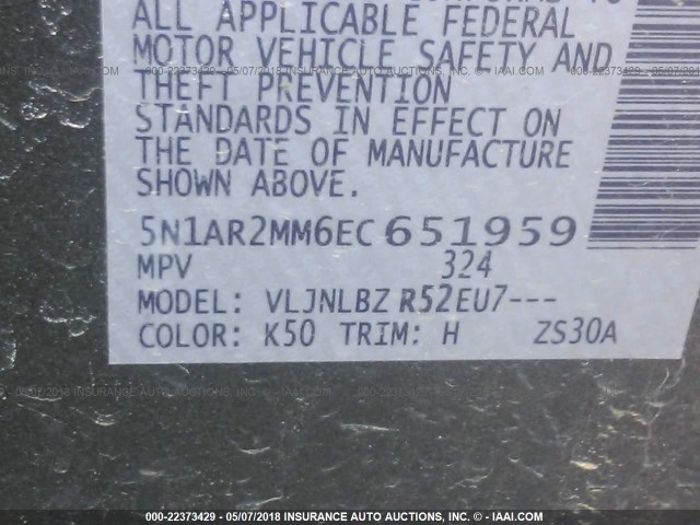 5N1AR2MM6EC651959 - 2014 NISSAN PATHFINDER S/SV/SL/PLATINUM GRAY photo 9