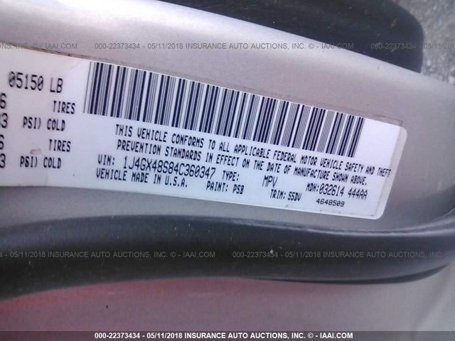 1J4GX48S84C360347 - 2004 JEEP GRAND CHEROKEE LAREDO/COLUMBIA/FREEDOM 银色 照片 9