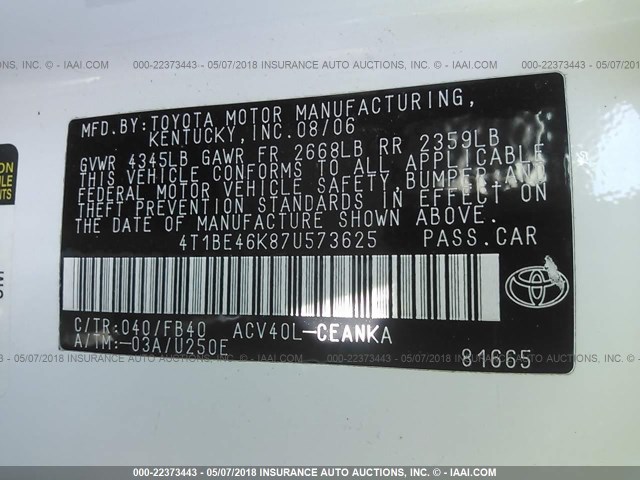 4T1BE46K87U573625 - 2007 TOYOTA CAMRY NEW GENERAT CE/LE/XLE/SE WHITE photo 9