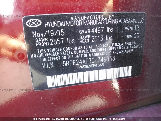 5NPE24AF3GH349953 - 2016 HYUNDAI SONATA SE RED photo 9