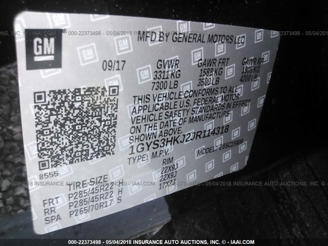 1GYS3HKJ2JR114318 - 2018 CADILLAC ESCALADE ESV LUXURY შავი ფოტო 9