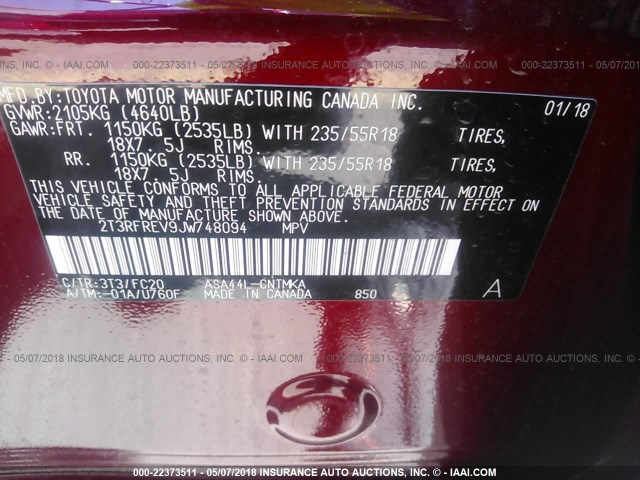 2T3RFREV9JW748094 - 2018 TOYOTA RAV4 ADVENTURE/XLE 红色 照片 9