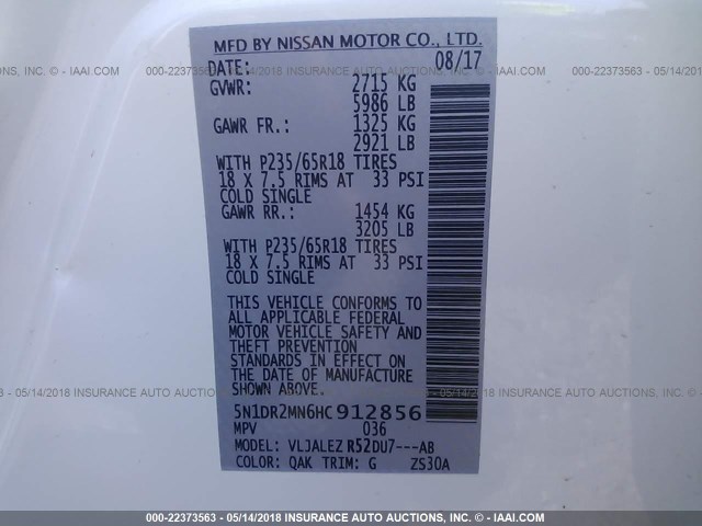 5N1DR2MN6HC912856 - 2017 NISSAN PATHFINDER S/SV/SL/PLATINUM 白色 照片 9